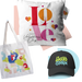 Tote bag, pillow, and cap with colorful designs on a white background