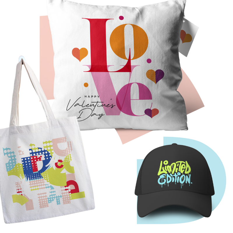 Tote bag, pillow, and cap with colorful designs on a white background