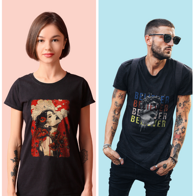 Two people wearing black t-shirts with graphic designs on a pink and blue background