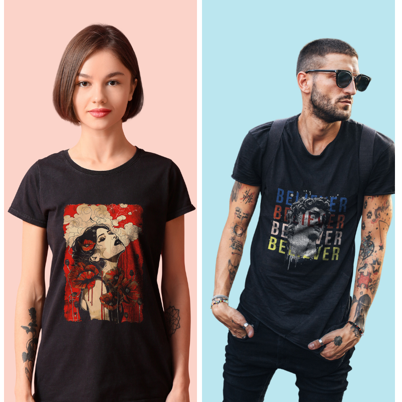 Two people wearing black t-shirts with graphic designs on a pink and blue background