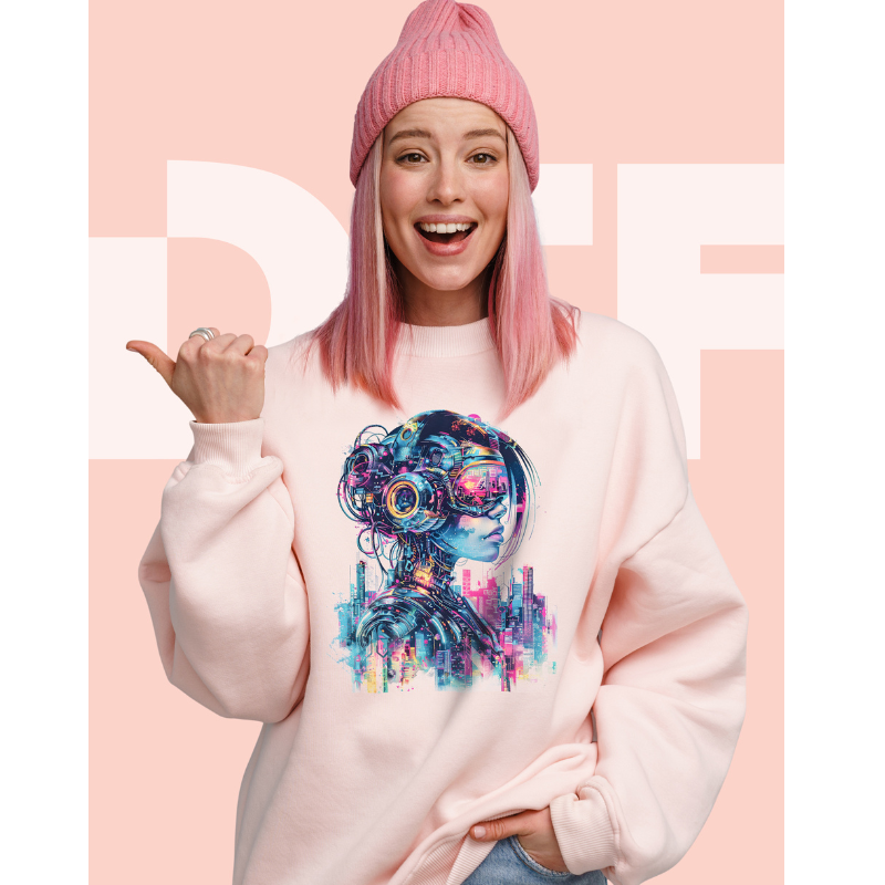 Person wearing a pink sweatshirt with a colorful graphic design on a pink background