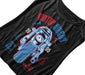 Black t-shirt with a graphic design featuring a car and text on a white background